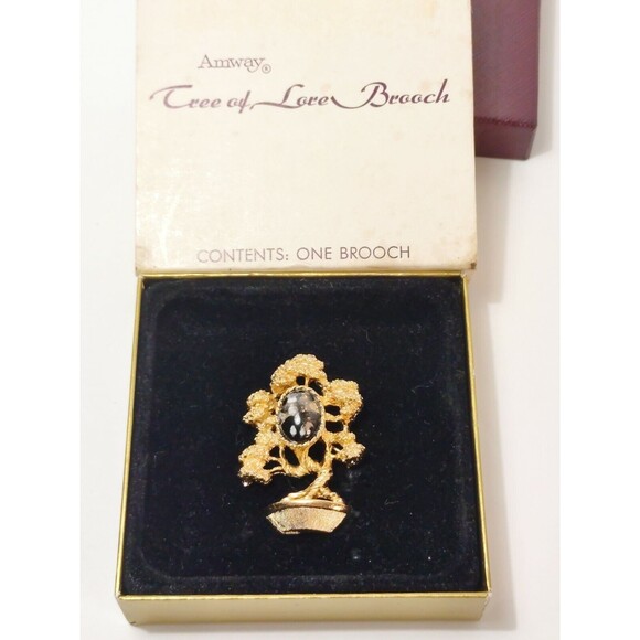 Amway BONZAI TREE MARBLE CABOCHON Gold Tone Vintage Brooch - Picture 1 of 6